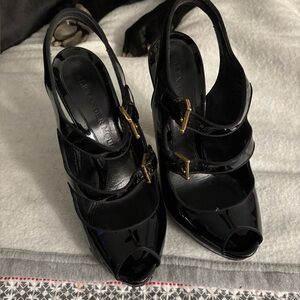 Alexander McQueen Black Patent Leather Heels with Gold Buckles